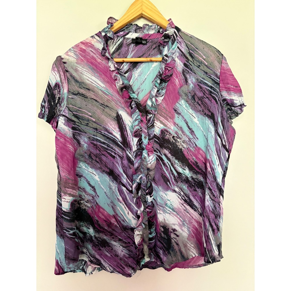 East 5th Womens Abstract Ruffle‎ V-Neck Blouse Purple Teal Short Sleeve Size M